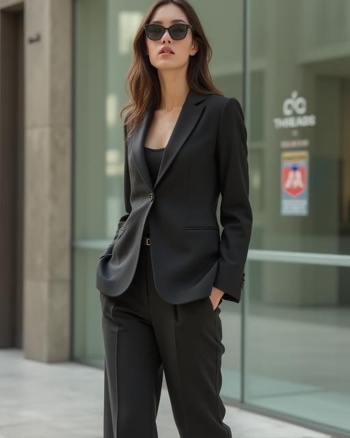Model wearing a stylish blazer and trousers from Chic Threads Urban Essentials Collection