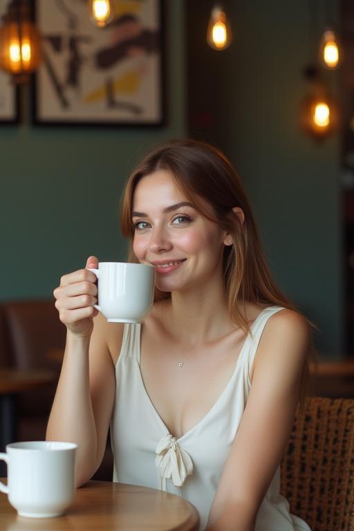 Woman enjoying coffee wearing a Chic Threads Malaysia casual outfit at a cafe